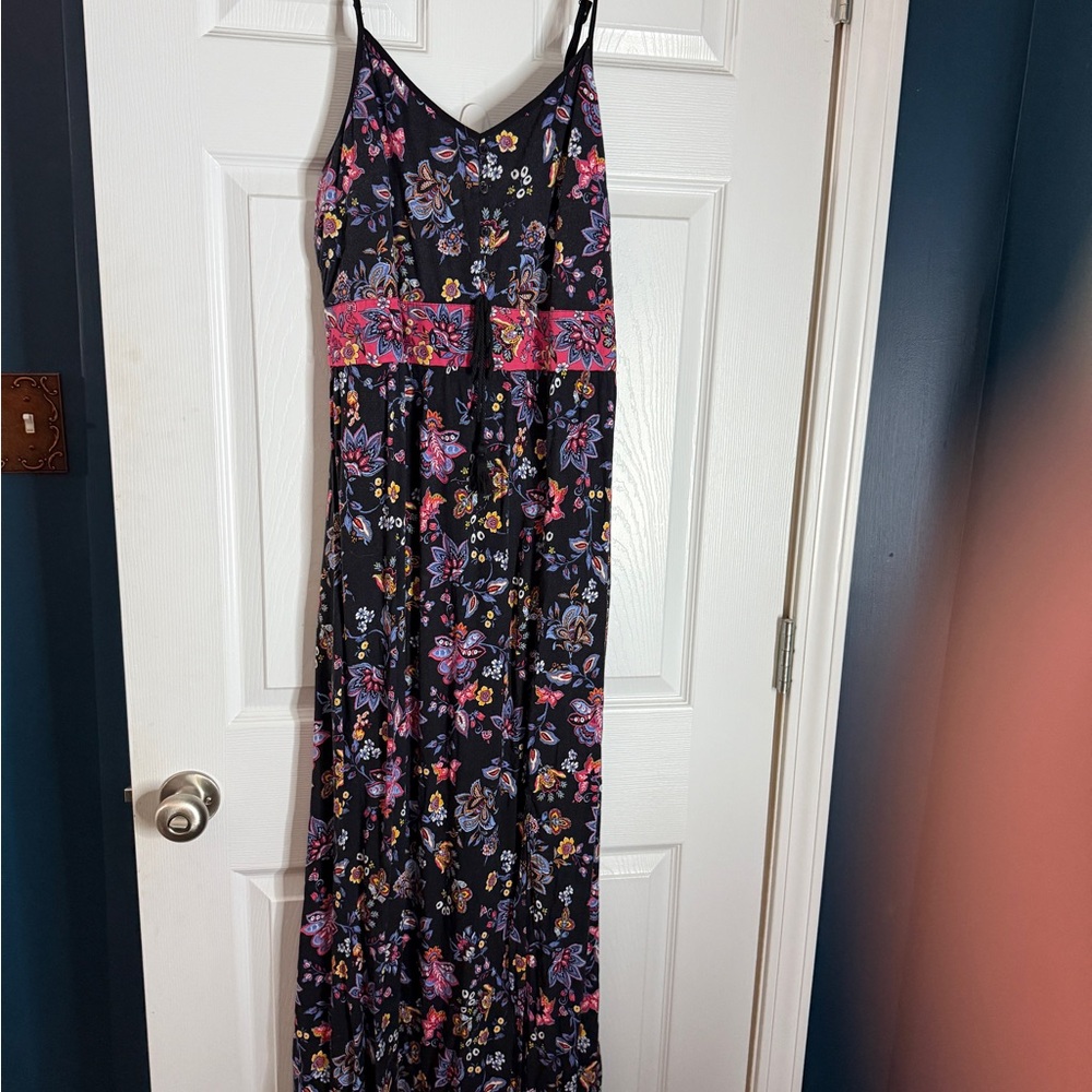 Xhilaration Black Floral Maxi Dress with Pink and Purple Accents